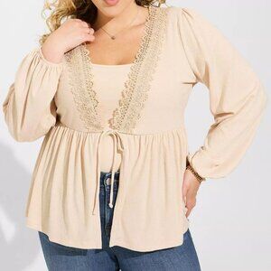 Torrid Super Soft Rib V-Neck Lace Trim Tie Front Long Sleeve Top in Size 1